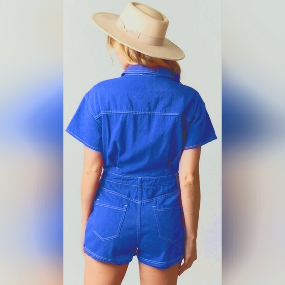NEW Peach Love California Utility Blue Denim Jean Romper Jumpsuit Shorts Pockets - Picture 15 of 16